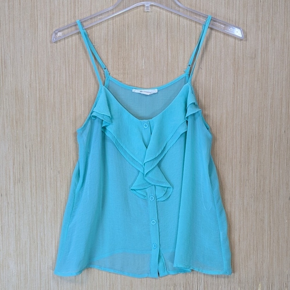 Forever 21 Women's Twee Sheer Ruffle Cami Top Size S Turquoise Blue Layering